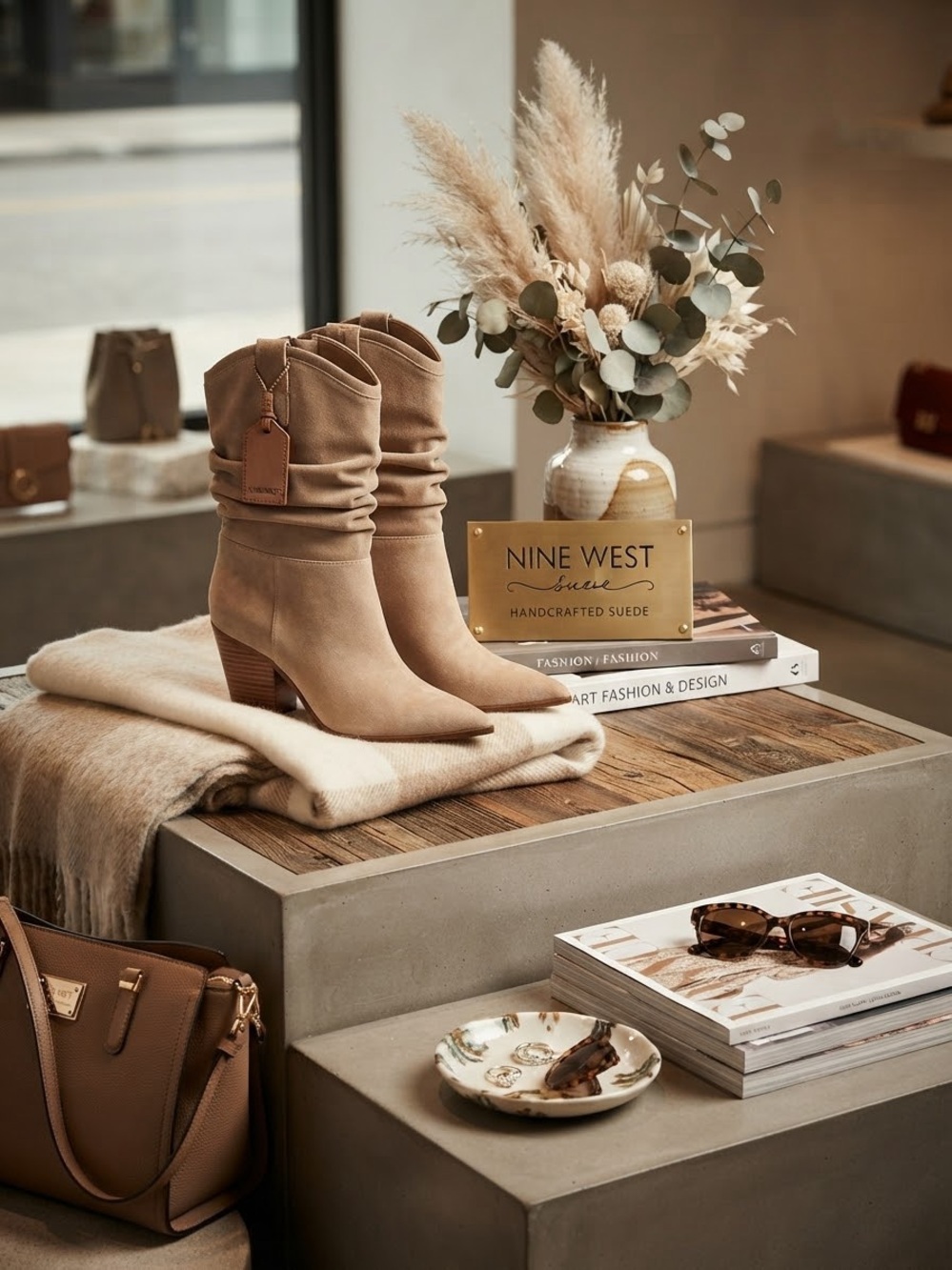 Nine West Beige Suede Slouch Ankle Boots